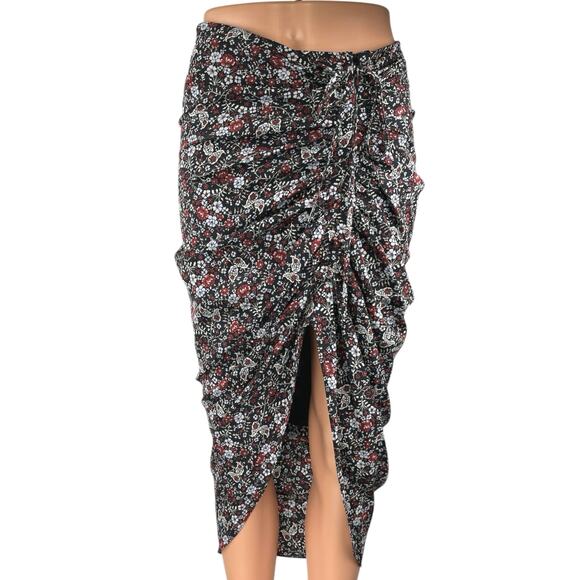 Veronica Beard Black Silk Floral High Waisted Ruched Pencil Midi Skirt Size 2 - Picture 1 of 5